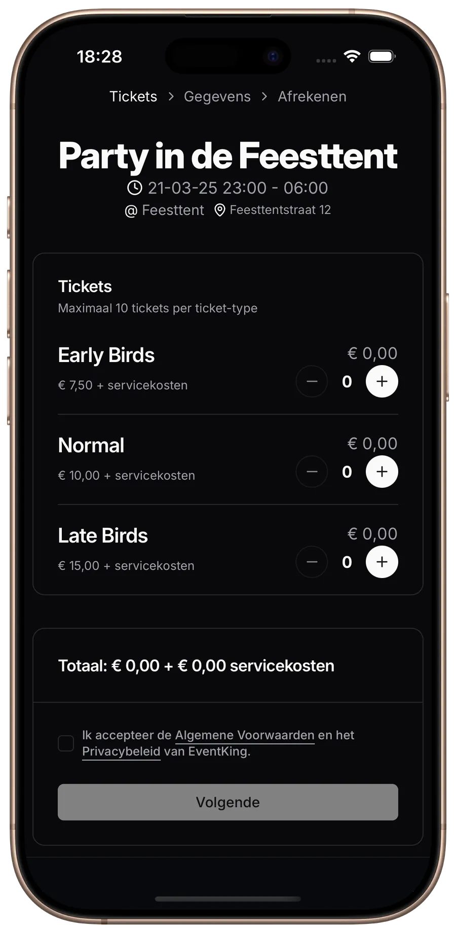 EventKing Shop app screenshot in dark mode